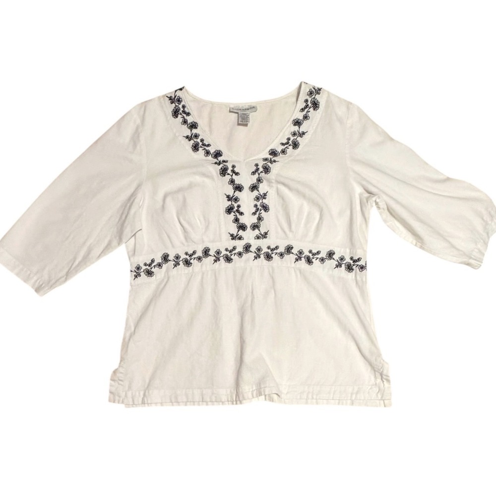 Sag Harbor Woman White Linen Blend Floral Embroidered V-Neck Blouse Top 1X boho